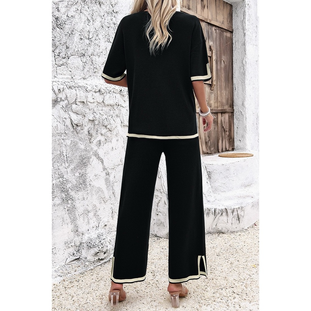 Two Pieces Outfits Knit Short Sleeve Wide Leg Lounge Sets - Picture 5 of 13